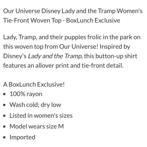 DISNEY OUR UNIVERSE LADY & THE TRAMP Women’s Tie-Front TOP! Dogs Movie Classic - Picture 8 of 8